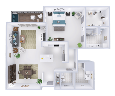 Floor plan for 1 bed, 1.5 baths, 1418 sqft